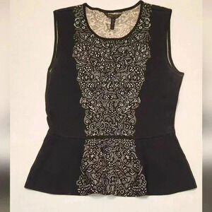 BCBGMaxazria Med Alonya Jacquard  Peplum Top Black White Sleeveless R: $268